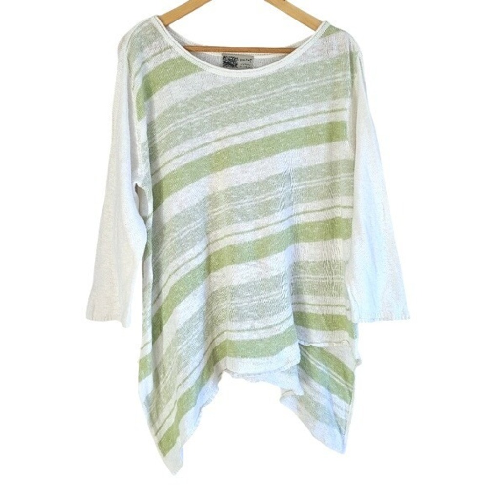 Habitat Green White Striped Linen Cotton Knitted Sharkbite Hem 3/4 Sleeve Top
